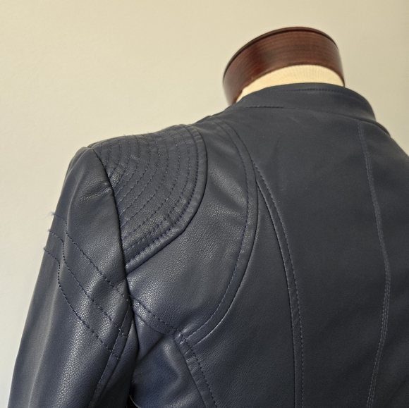 WILLI SMITH Navy Faux Leather Fitted Moto Jacket. Size Small - Picture 8 of 16
